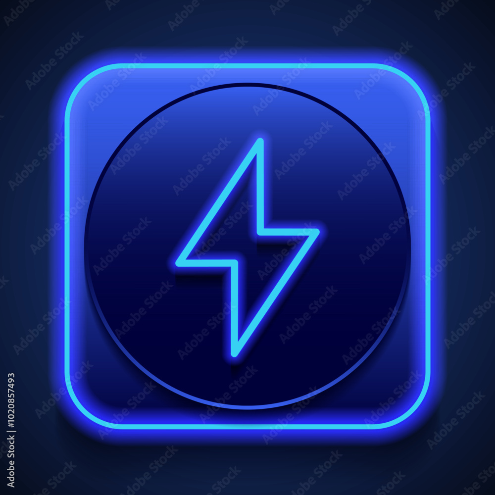 Flash simple icon vector. Flat design. Blue neon style on button. With shadow
