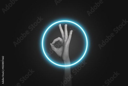 Composite trend artwork 3D sketch image photo collage of dark background neon light lamp tube circle shape hand show gesture ok okay sign