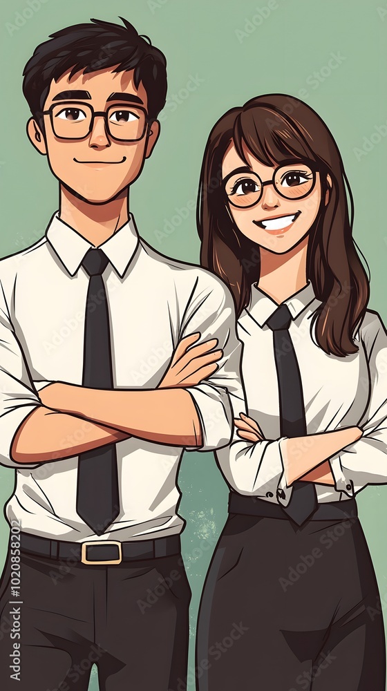 Cartoon-style depiction of two office workers standing next to each other with arms crossed and smiling Cartoon-style depiction of two office workers standing next to each other with arms crossed and smiling