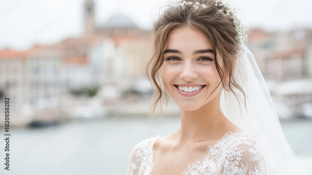 Smiling bride with floral headpiece in front of European city backdrop Smiling bride with floral headpiece in front of European city backdrop