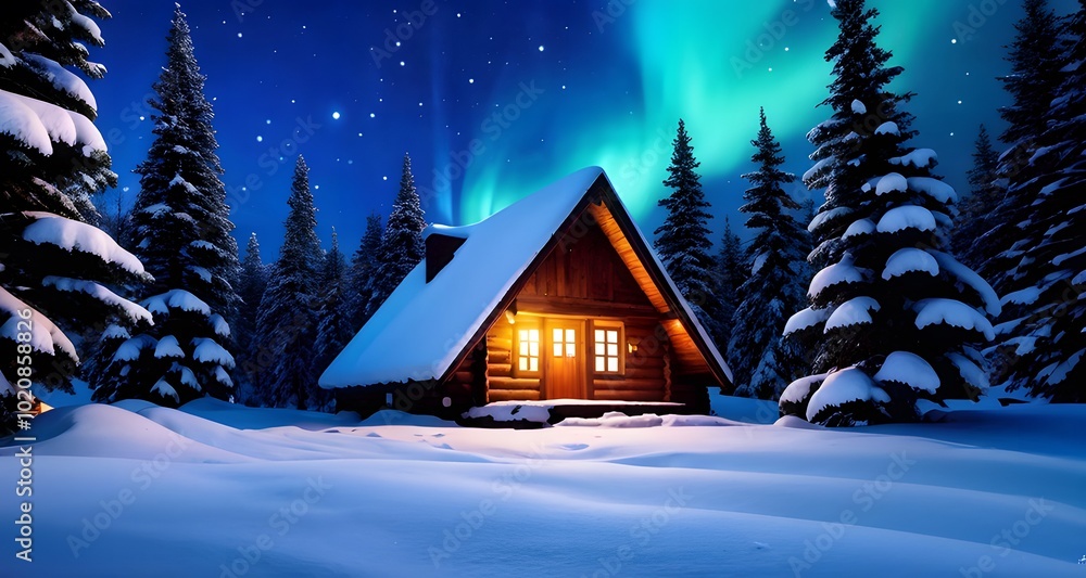 Fototapeta premium Aurora Lights Shining Over a Cabin in the Snowy Wilderness_004