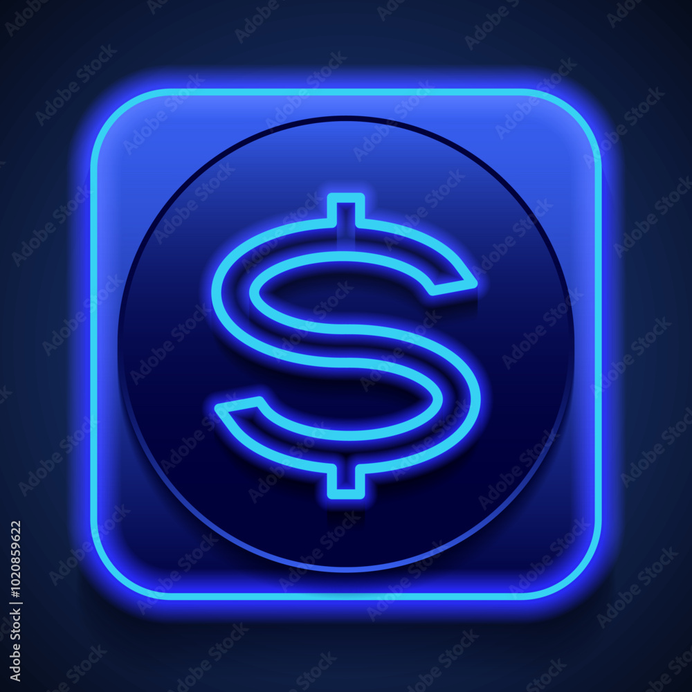 Dollar simple icon vector. Flat design. Blue neon style on button. With shadow Dollar simple icon vector. Flat design. Blue neon style on button. With shadow