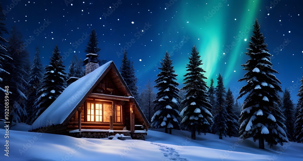Fototapeta premium Aurora Lights Shining Over a Cabin in the Snowy Wilderness_011