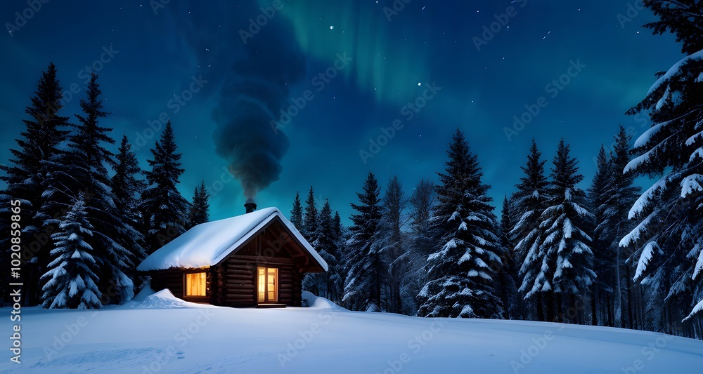 Aurora Lights Shining Over a Cabin in the Snowy Wilderness_013 Aurora Lights Shining Over a Cabin in the Snowy Wilderness_013