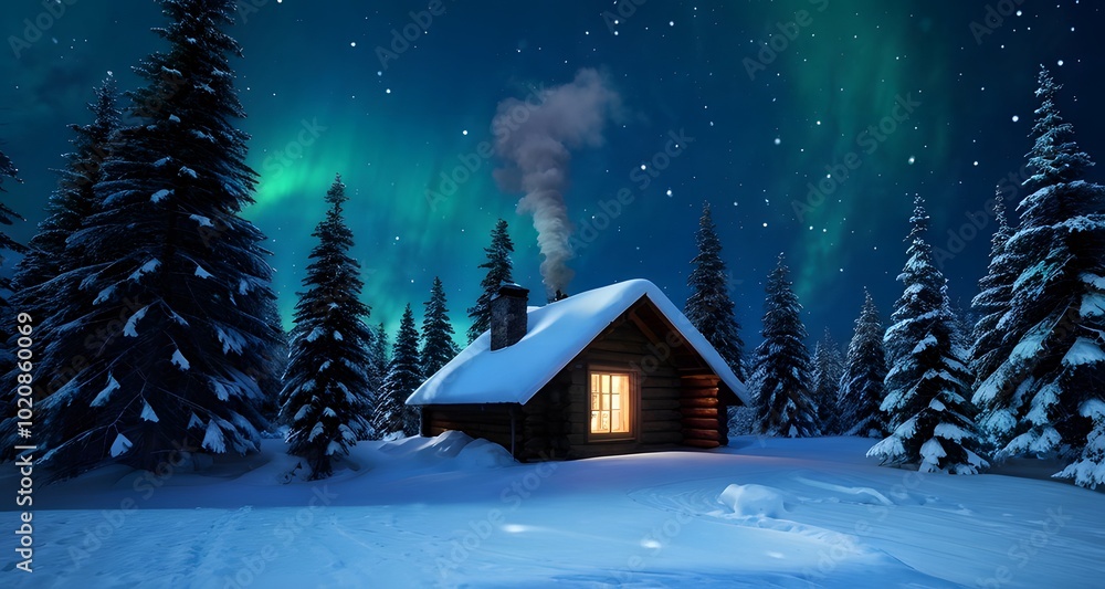 Fototapeta premium Aurora Lights Shining Over a Cabin in the Snowy Wilderness_015