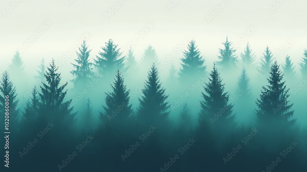 Fototapeta premium A serene morning in a misty forest with lush green trees enveloped in tranquil gradients background
