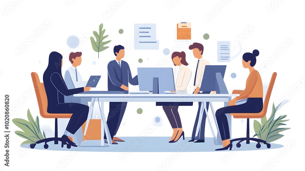 Cartoon vector-style business team in an office working together on a computer, against a white background. Cartoon vector-style business team in an office working together on a computer, against a white background.