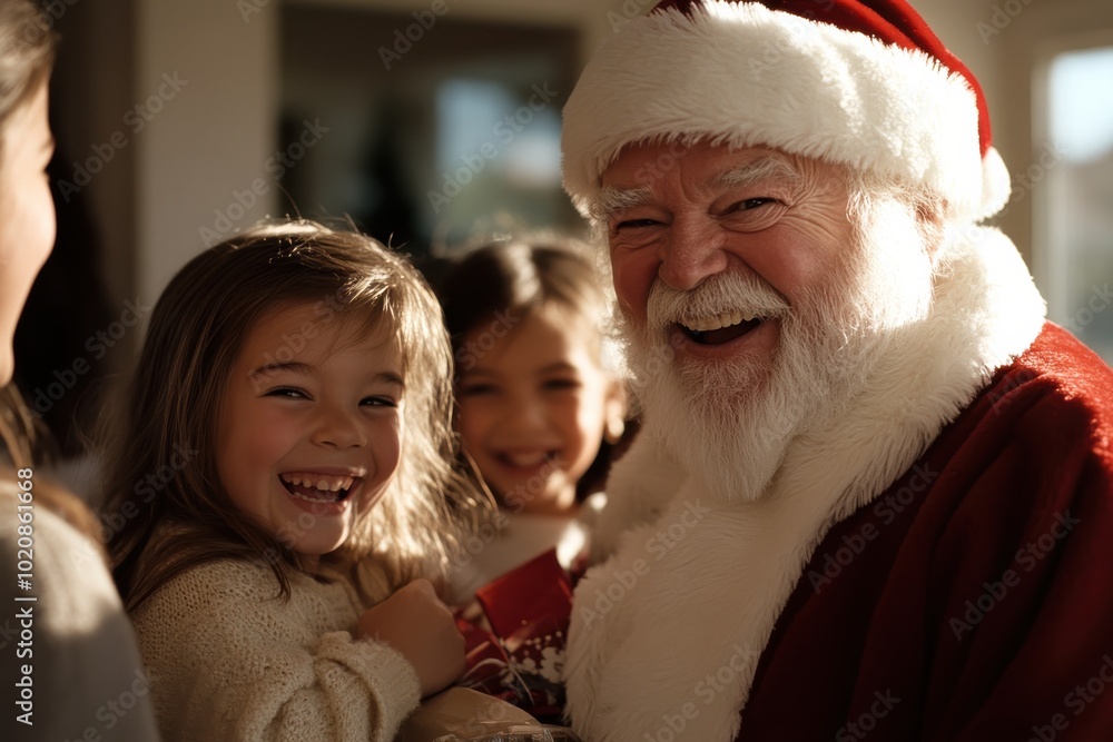 A cheerful Santa engages with smiling children in a festive setting, symbolizing the joyous and heartwarming interactions typical of the holiday season celebrations. A cheerful Santa engages with smiling children in a festive setting, symbolizing the joyous and heartwarming interactions typical of the holiday season celebrations.