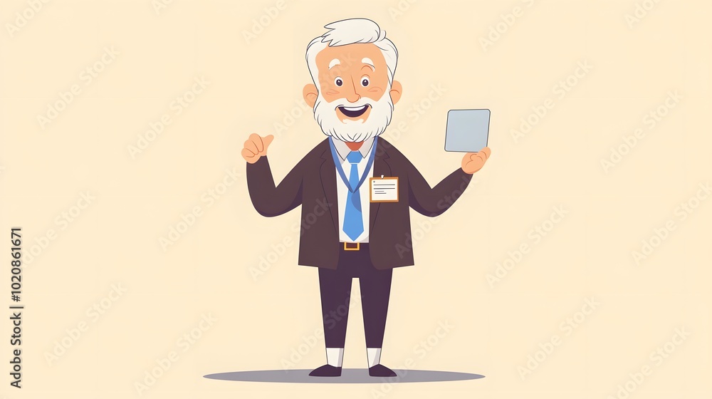 A cartoon man in a suit and tie, wearing white socks on his feet, is holding up an empty card to the camera A cartoon man in a suit and tie, wearing white socks on his feet, is holding up an empty card to the camera