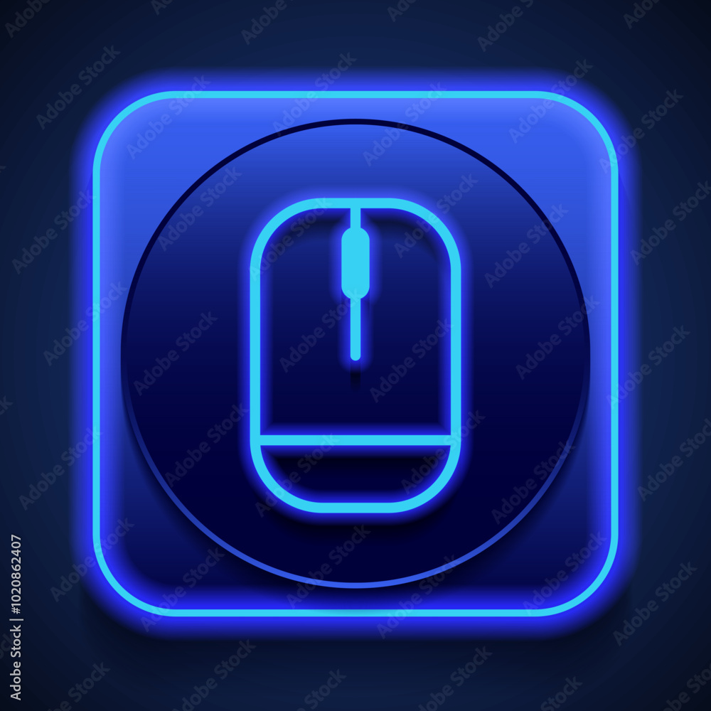 Computer mouse simple icon vector. Flat design. Blue neon style on button. With shadow Computer mouse simple icon vector. Flat design. Blue neon style on button. With shadow