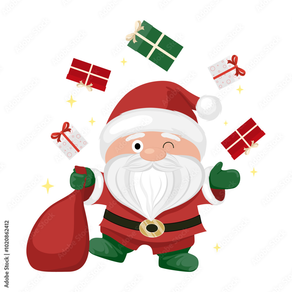 Cute Santa Claus with gifts and gift bag Cute Santa Claus with gifts and gift bag