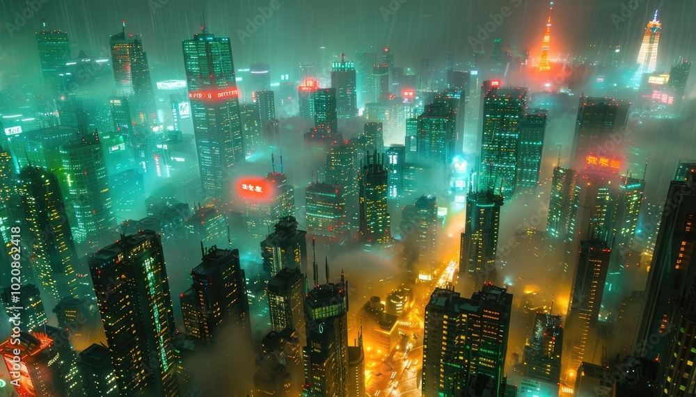 Fototapeta premium A Futuristic Cityscape Bathed in Neon Lights and Rain