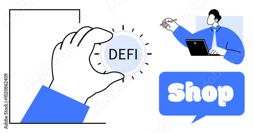 A hand holding a DEFI coin, a person at a laptop, and a shop speech bubble. Ideal for e-commerce, cryptocurrency, cybersecurity, digital business, finance, and professional services. Modern graphic