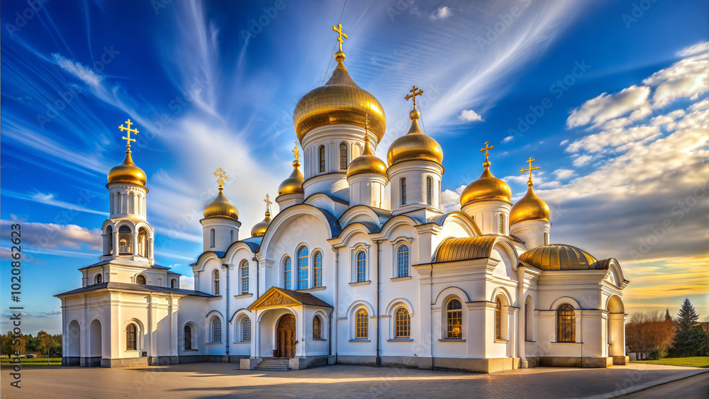 Orthodox cathedral with golden domes under vibrant blue sky Orthodox cathedral with golden domes under vibrant blue sky