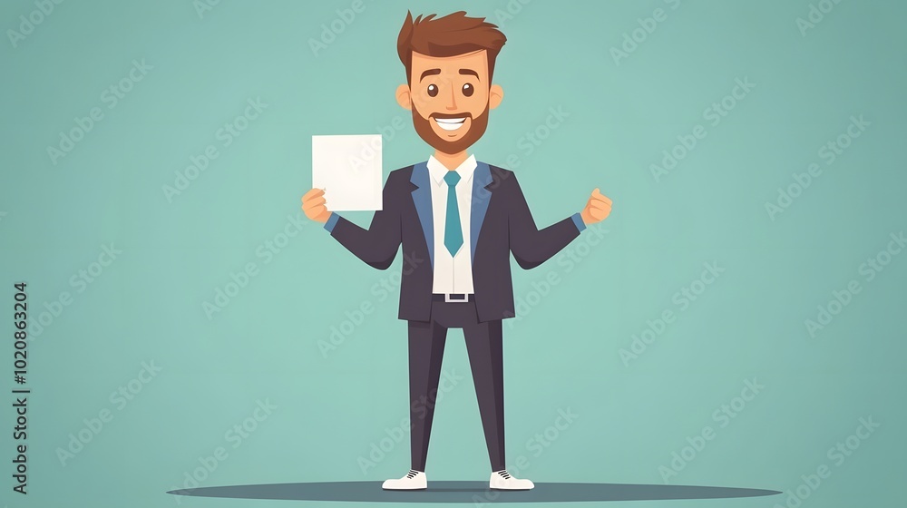 A cartoon man in a suit and tie, wearing white socks on his feet, is holding up an empty card to the camera A cartoon man in a suit and tie, wearing white socks on his feet, is holding up an empty card to the camera