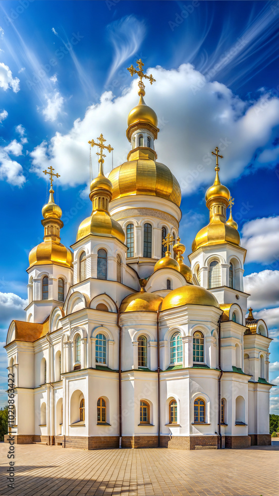 Golden-domed Orthodox cathedral with bright clouds and blue sky Golden-domed Orthodox cathedral with bright clouds and blue sky