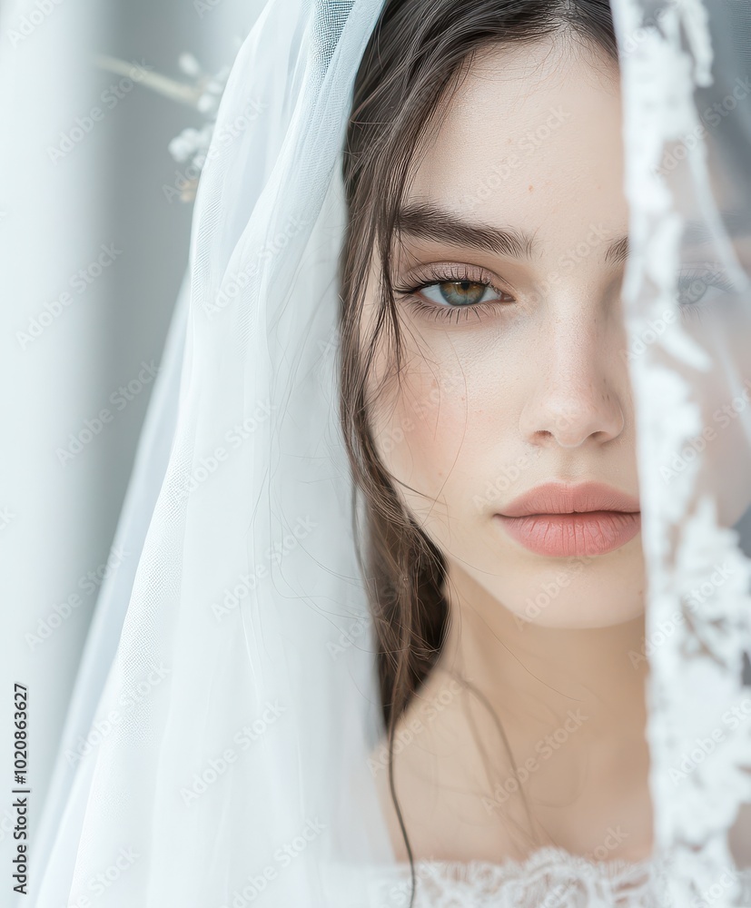 Half-face portrait of a bride peeking through a delicate lace veil Half-face portrait of a bride peeking through a delicate lace veil