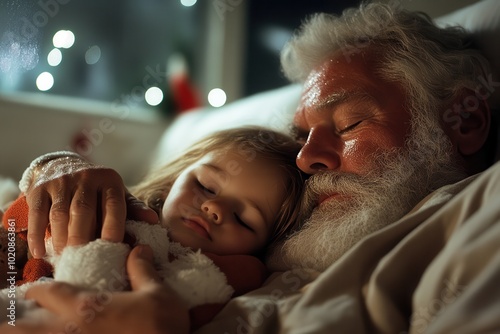 In this tranquil image, Santa rests next to a child in soft light, representing the warmth and comfort synonymous with the Christmas holiday season. photo