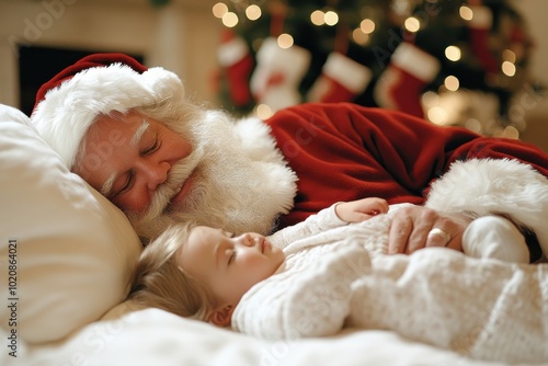 Representing holiday magic, this image shows Santa in a red suit sleeping beside a child, capturing the essence of love, joy, and festive warmth.