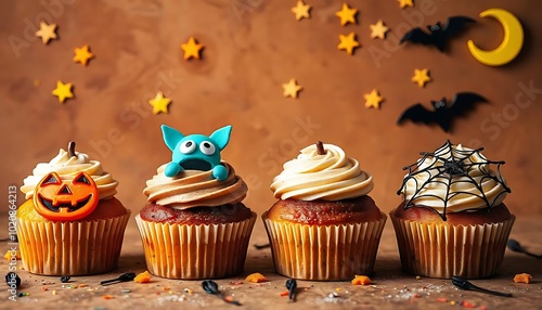 Cute Halloween cupcakes with jack-o-lantern, monster, and spider web decorations on a brown background with stars, moons, and bats created with generative ai photo