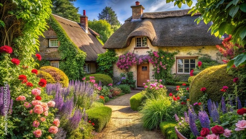 A charming cottage nestled amidst a vibrant garden, with a path leading to its inviting doorway, adorned with blooming flowers and lush greenery.