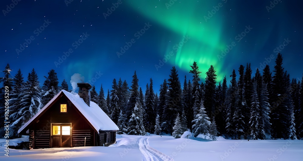 Fototapeta premium Aurora Lights Shining Over a Cabin in the Snowy Wilderness_067