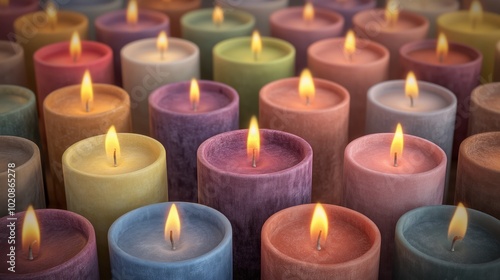 A collection of candles in various shades with glowing flames, creating a serene and warm atmosphere for relaxation.