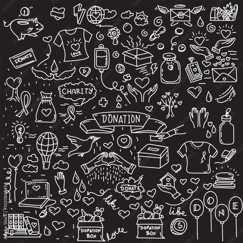 Hand drawn doodle Donation icons set. Vector illustration. Charity symbols collection Cartoon donate sketch elements: blood donation, box, heart, money jar, care, help, gift, giving hand, fund raising Hand drawn doodle Donation icons set. Vector illustration. Charity symbols collection Cartoon donate sketch elements: blood donation, box, heart, money jar, care, help, gift, giving hand, fund raising