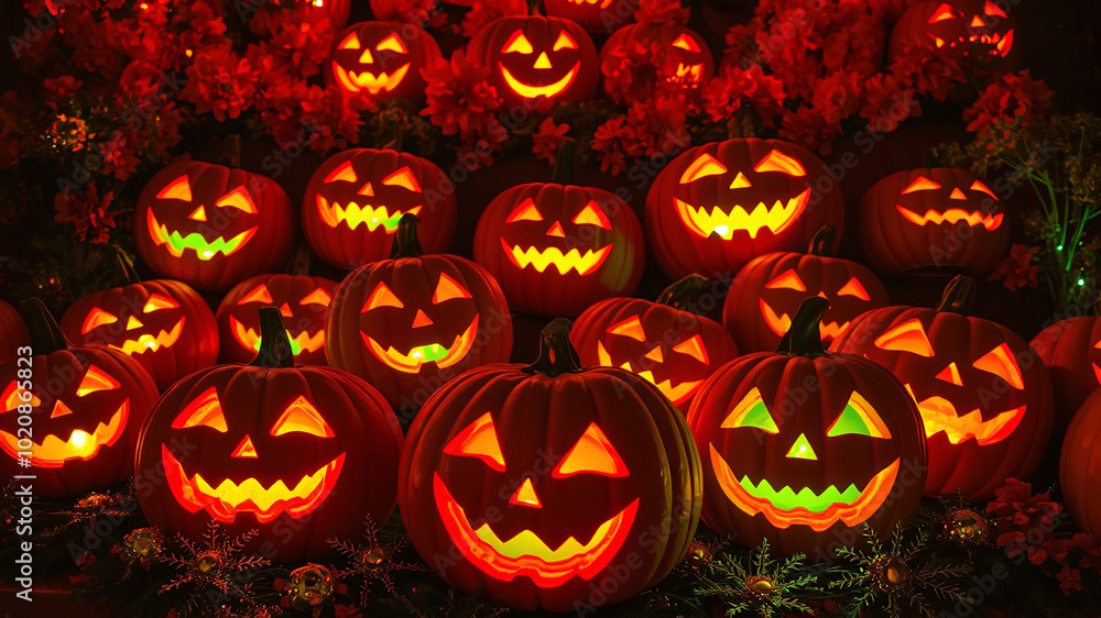 Amazing jack o' lanterns glowing with vibrant orange and green hues, surrounded by stunning Halloween decorations, Ai Generator. Amazing jack o' lanterns glowing with vibrant orange and green hues, surrounded by stunning Halloween decorations, Ai Generator.