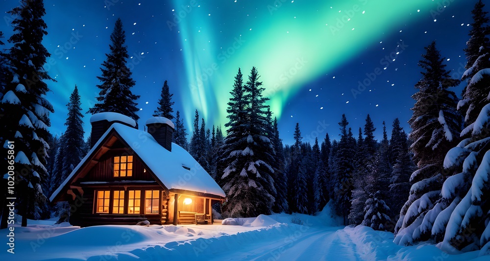 Naklejka premium Aurora Lights Shining Over a Cabin in the Snowy Wilderness_073