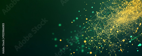 Abstract digital background with, a dark green background with glowing dots connected.  AI generation.