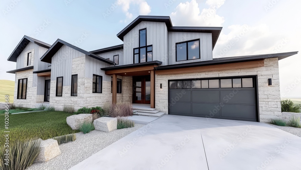 Modern House with Grey Garage Door and Wooden Front Entrance, Home Exterior Design Modern House with Grey Garage Door and Wooden Front Entrance, Home Exterior Design