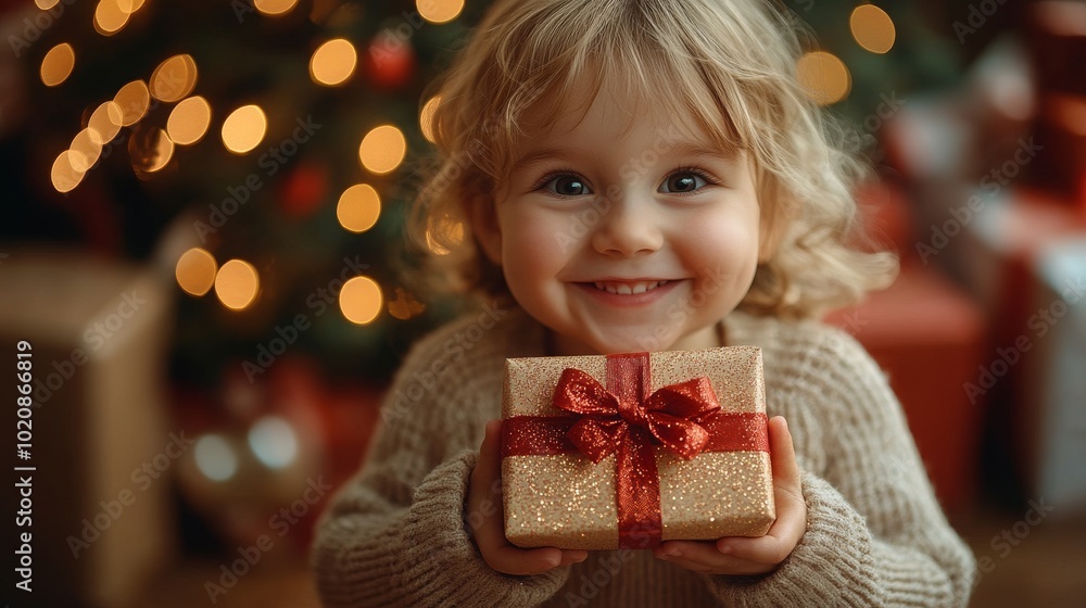 A happy child holds a sparkling gift by a Christmas tree during the holidays A happy child holds a sparkling gift by a Christmas tree during the holidays