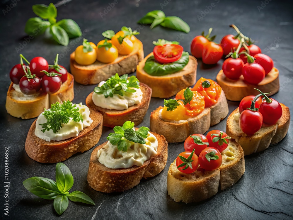 Artfully crafted crostini with an array of toppings, showcased against a black backdrop, spark culinary inspiration and promise unforgettable flavors Artfully crafted crostini with an array of toppings, showcased against a black backdrop, spark culinary inspiration and promise unforgettable flavors