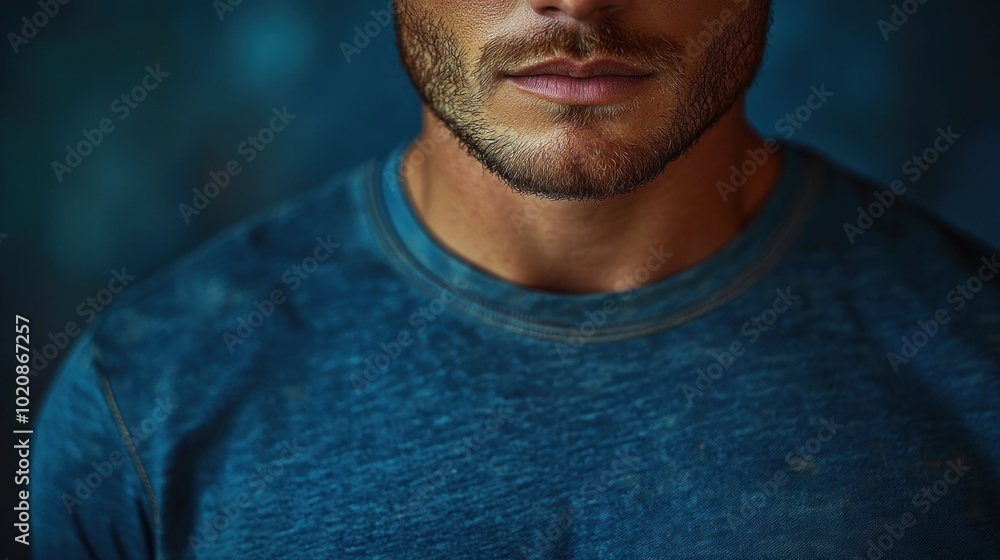 Close-up portrait of a man in a blue shirt against a dark background. Close-up portrait of a man in a blue shirt against a dark background.