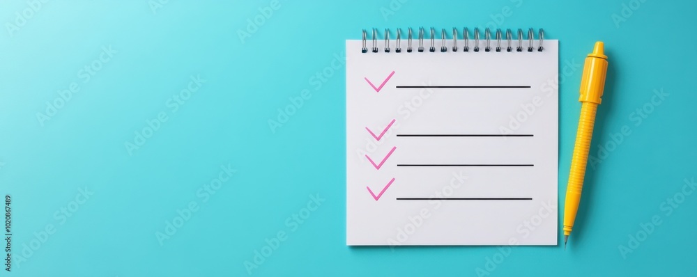 A notepad with check marks ready for to-do lists, featuring a bright yellow pen on a turquoise background A notepad with check marks ready for to-do lists, featuring a bright yellow pen on a turquoise background