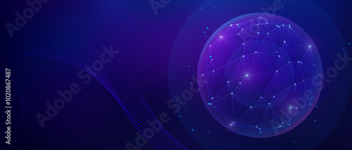 Cyber globe with dots and lines, on abstract blue technology background