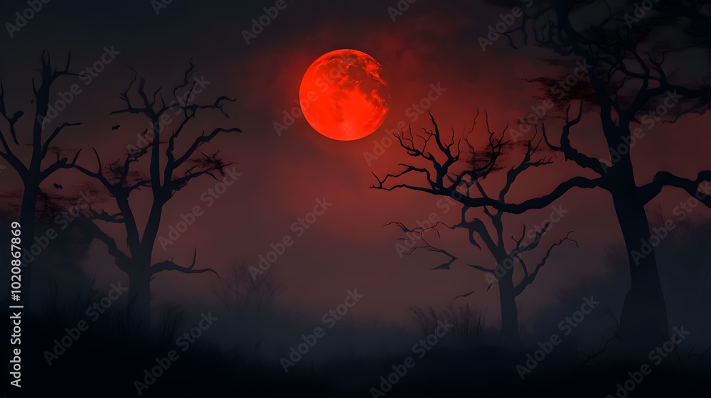 Halloween Night with Red Moon: A Halloween night scene featuring a red moon.