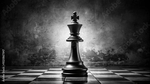 A solitary black chess king stands on a checkered floor, the only figure in a dark, shadowy room, symbolizing power and the weight of leadership. photo