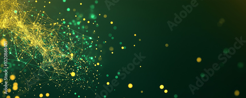 Abstract digital background with, a dark green background with glowing dots connected.  AI generation.