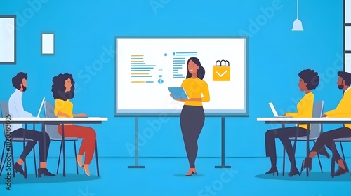 Illustration of woman giving presentation to team, whiteboard with flowgenera on it in background, flat design style,