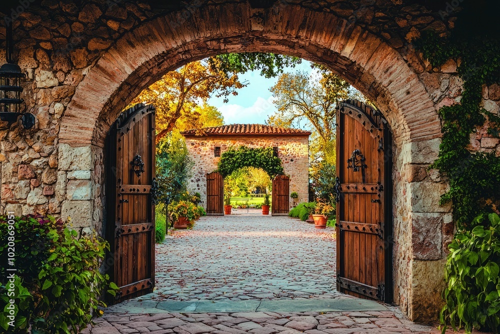 Fototapeta premium Stone Archway Leading to Courtyard with Wooden Doors