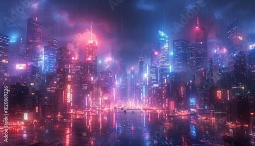 A Futuristic Cityscape Under Neon Lights and Rain