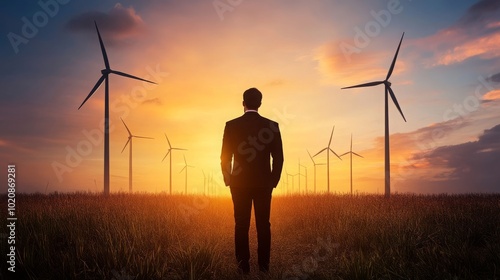 Businessman Walking Towards Wind Turbines at Sunset