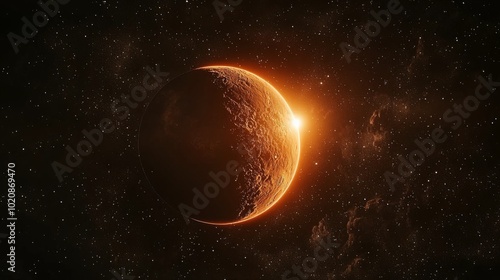 A planet orbiting a red dwarf star, with a deep space background photo