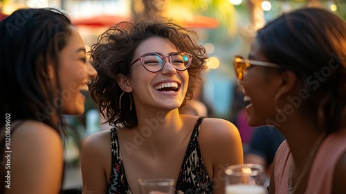 Three Women Laughing Together at an Outdoor Gathering