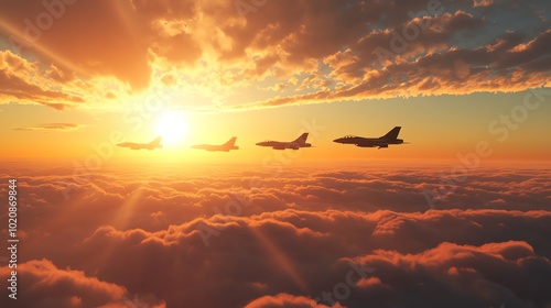 A squadron of fighter jets flying above the clouds at sunset.