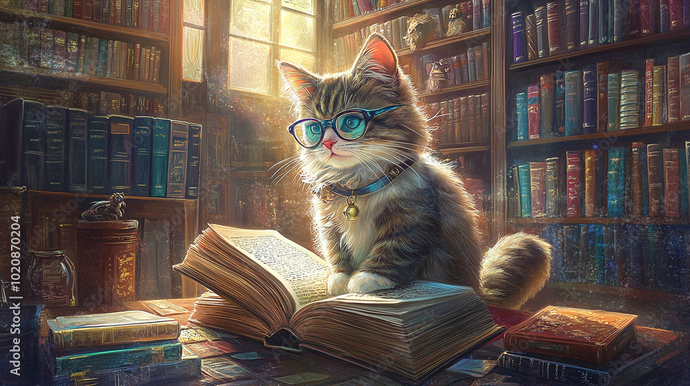 A whimsical feline in spectacles peruses a book amidst a vibrant collection of novels in a charming old library. A whimsical feline in spectacles peruses a book amidst a vibrant collection of novels in a charming old library.