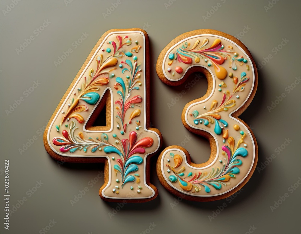Decorated cookie, number 43, illustration for birthday or anniversary celebration Decorated cookie, number 43, illustration for birthday or anniversary celebration