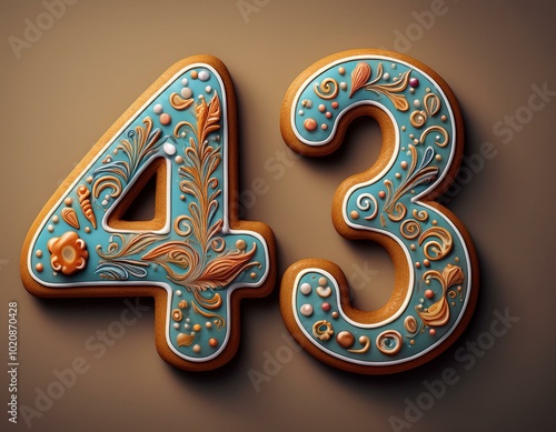 Decorated cookie, number 43, illustration for birthday or anniversary celebration